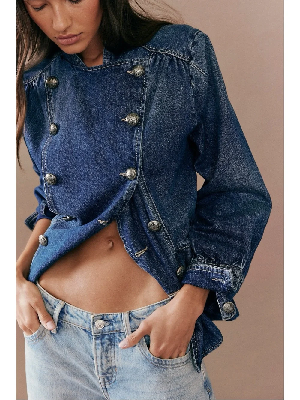 Free People Imogene Denim Officer Jacket in Ensign Wash Large Military Denim - Picture 8 of 16